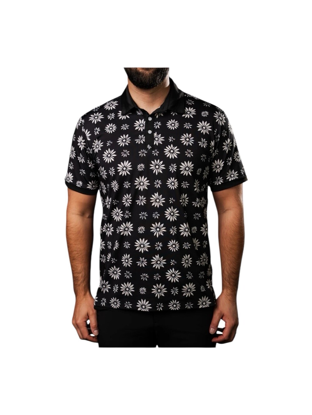 Byrdgang Mens Polo Shirt Black White "Midnight Daisy" Moisture Wicking Sz Large